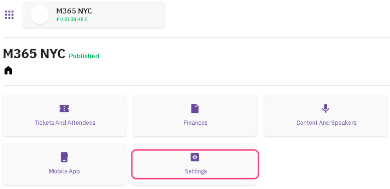 A run.events event page with the Settings tile outlined