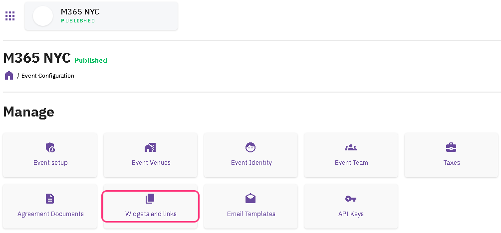 The run.events Event Configuration page with the Widgets and links tile outlined