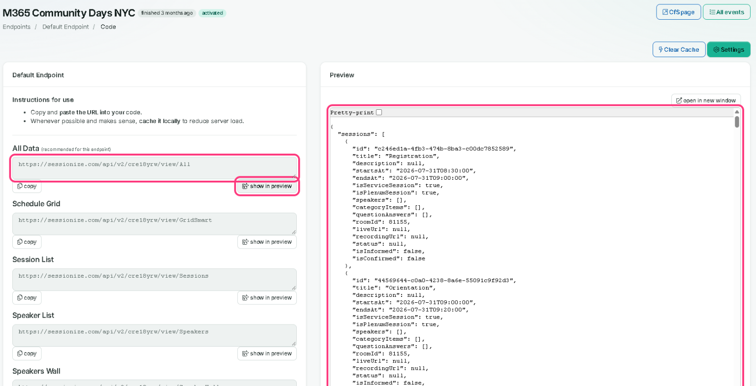 The All Data address, its show in preview button and the Preview showing the sessions data, outlined