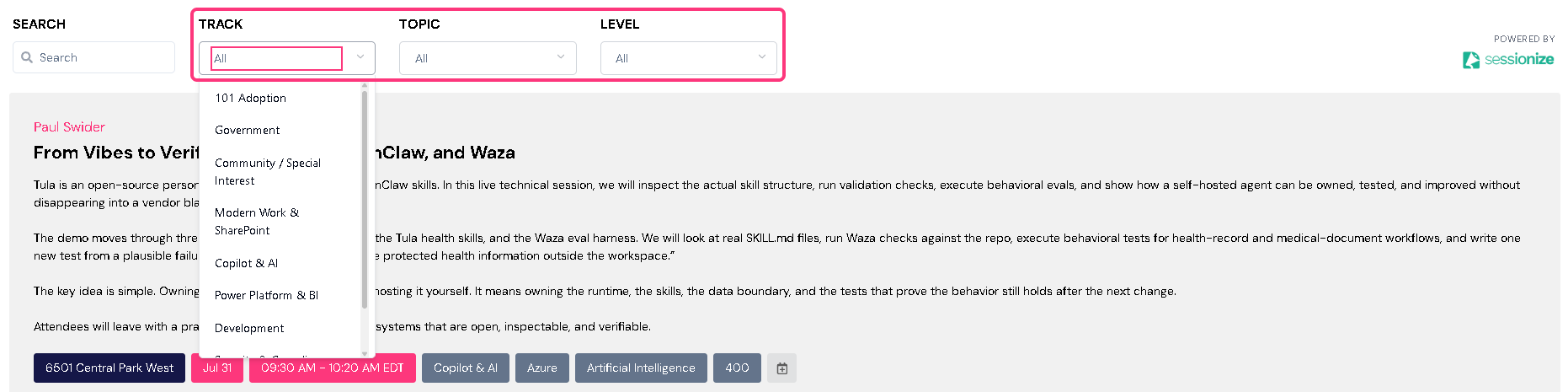 Track, Topic and Level filters on an event page, with the Track list open