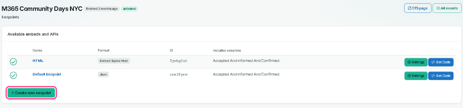 The Sessionize endpoints list with the Create new endpoint button outlined