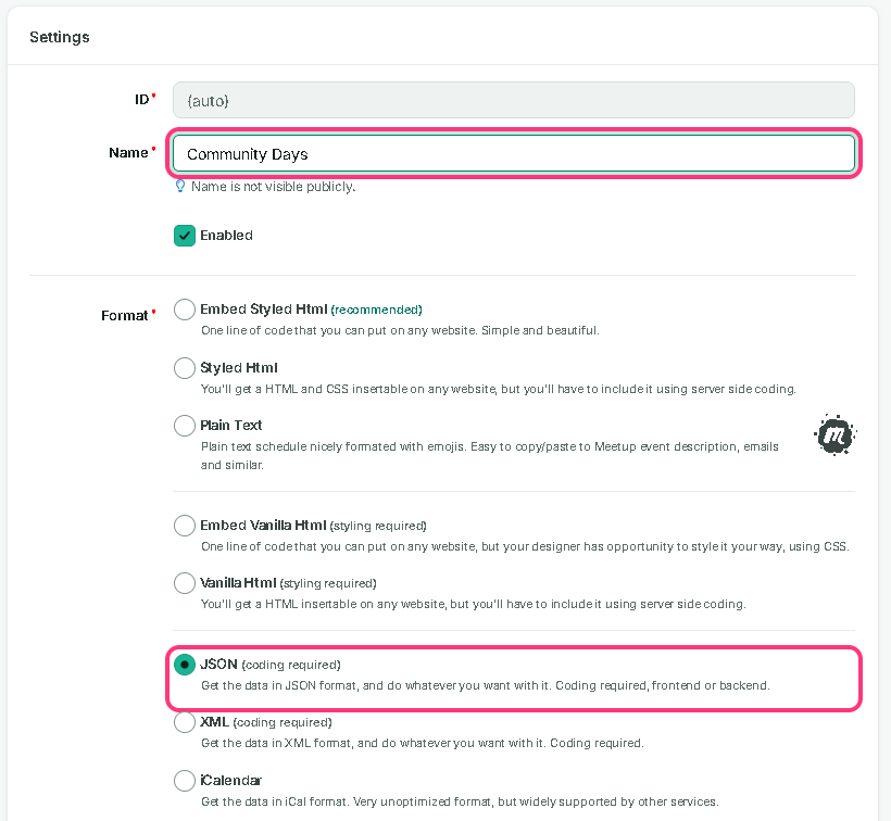 The new endpoint form with the name Community Days and the JSON format outlined