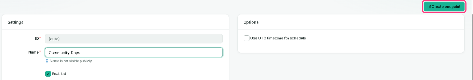 The Create endpoint button outlined at the top right of the form