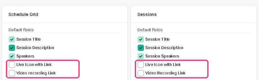 Live Icon with Link and Video Recording Link outlined in the Schedule Grid and Sessions boxes
