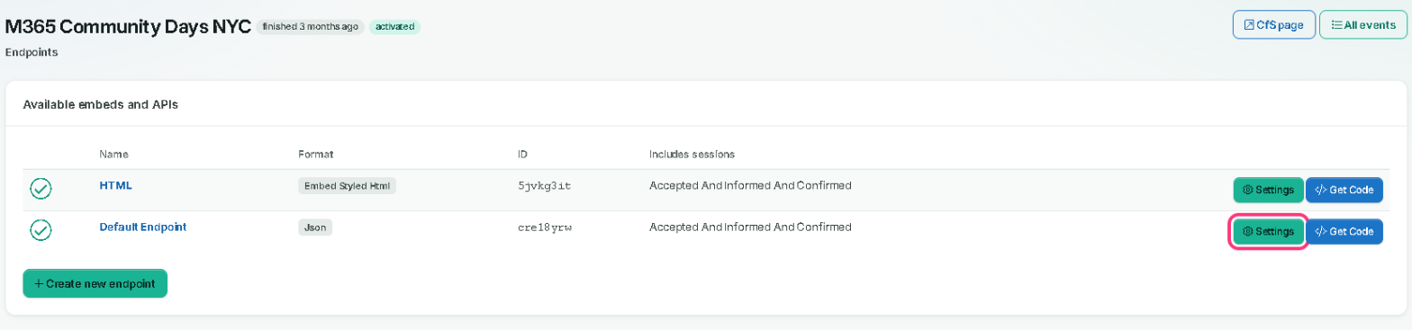 The endpoints list with the Settings button on the Json row outlined