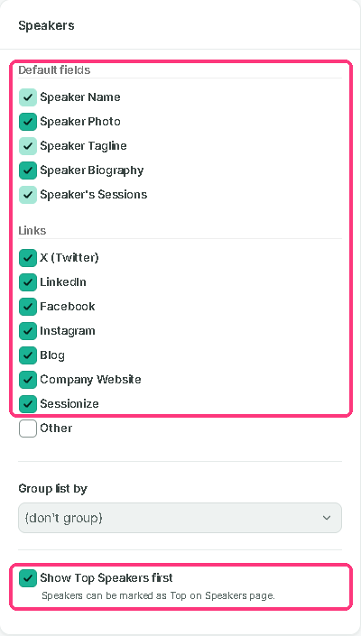 The Speakers box with its default fields, its links and Show Top Speakers first outlined