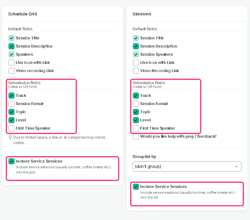 The Schedule Grid and Sessions boxes with Submission fields and Include Service Sessions outlined