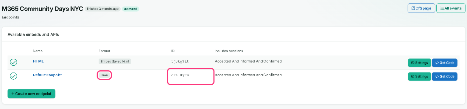 The endpoints list with the Json format and its ID outlined